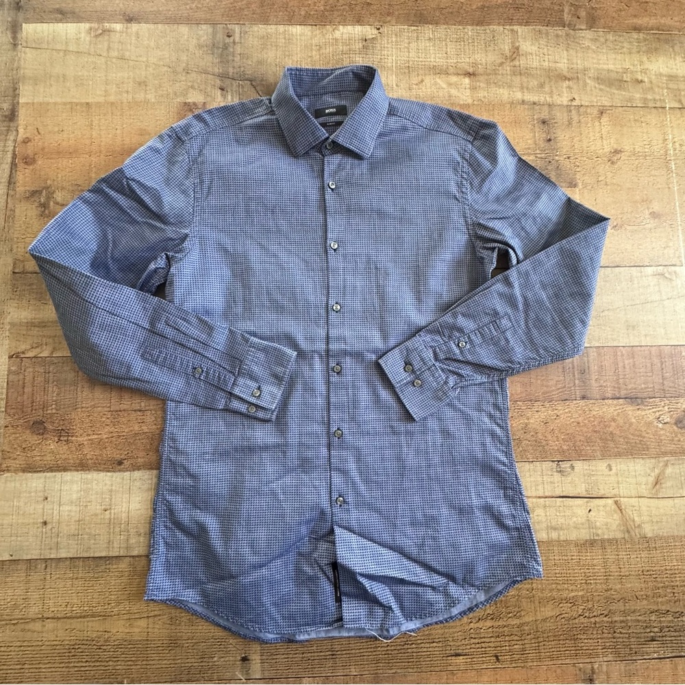 BOSS Hugo Boss Slim Fit Button Down Mens Shirt Blue Geometric Print Size 41/16
